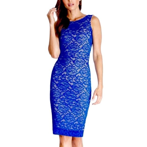 NWT! Dress The Population Blue V-Back  Embroidered Lace Bodycon Midi Dress SZ XL - Picture 2 of 11